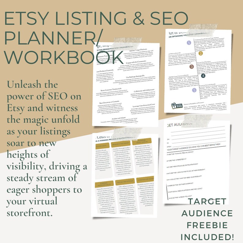 Op de afbeelding: Een Etsy Listing & SEO Planner/Workbook met de tekst "Ontketen de kracht van SEO op Etsy en zie de magie ontvouwen terwijl je aanbiedingen stijgen naar nieuwe hoogten van zichtbaarheid". Inclusief een gratis weggever.