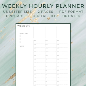 May include: A printable weekly hourly planner in PDF format. The planner is designed for US letter size paper and includes a section for weekly top 3 priorities, hourly scheduling, and notes.
