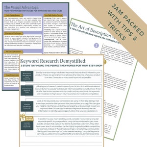 Op de afbeelding: Etsy SEO infographic met titels "The Visual Advantage" en "Keyword Research Demystified". Biedt tips over beeldkwaliteit, bestandsnamen, alt-tekst en zoekwoordonderzoek voor betere verkoopresultaten.