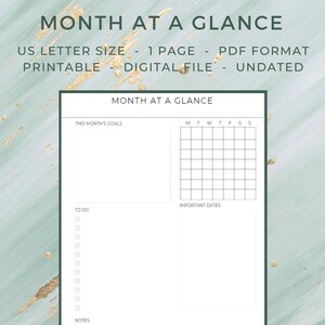 以下が含まれることがあります： 「Month at a Glance」のテキストが入った、USレターサイズの印刷可能な日付なし月間プランナー。目標、To-Doリスト、重要な日付のセクションが含まれています。背景は、金色のアクセントが入った明るい緑色です。