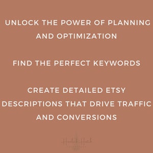 Op de afbeelding: Digitale afbeelding op een bruine achtergrond met witte tekst. De tekst luidt: "ONTGRENDEL DE KRACHT VAN PLANNING EN OPTIMALISATIE", "VIND DE PERFECTE KEYWORDS" en "MAAK GEDETAILLEERDE ETSY-BESCHRIJVINGEN DIE VERKEER EN CONVERSIES STIMULEREN". Het Hemlock Hatch Collective-logo staat onderaan.