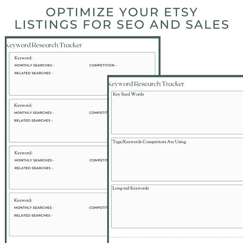 Op de afbeelding: Twee afdrukbare Keyword Research Tracker-sjablonen met een groene rand. Bovenaan de afbeelding staat "OPTIMIZEER UW ETSY-LIJSTEN VOOR SEO EN VERKOOP". De sjablonen bevatten secties voor zoekwoorden, maandelijkse zoekopdrachten, concurrentie en gerelateerde zoekopdrachten.