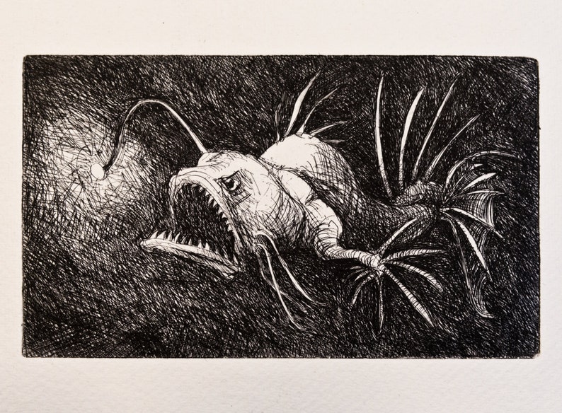 Deep Sea Monster, handpulled etching, monster art handmade print, monster illustration, sea monster art, lantern fish, angler fish image 1