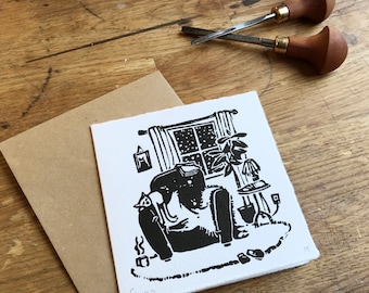 Cosy Couch & Sleeping Cat, linocut postcard, handprinted art print