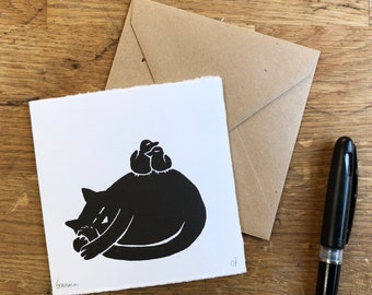 Sleeping Cat & Cuddling Birds, art postcard, handprinted linocut print