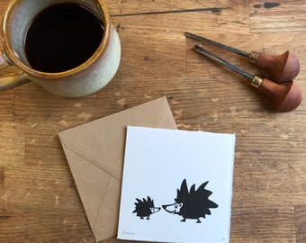 Baby Hedgehog handprinted postcard, linocut art print