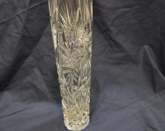 Vintage mid-century cut lead crystal vase, likely Bohemia, Czech 10" tall