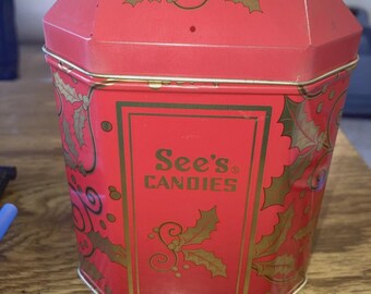 See's Candy Tin, Hinged Lid Red Gold Holidays Christmas Made in USA 6"T 2002
