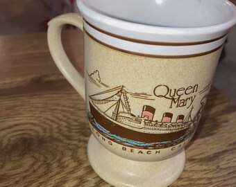 Vintage Long Beach Souvenir Pedestal Mug Cup, Queen Mary and Spruce Goose