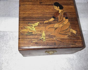 Vintage Wood Hinged Trinket Box with Inlay of Woman feeding Birds