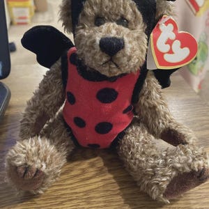 May include: A brown teddy bear plush toy dressed as a ladybug. The bear wears a red bodysuit with black polka dots, a black head covering with antennae, and black wings. A heart-shaped tag is attached.