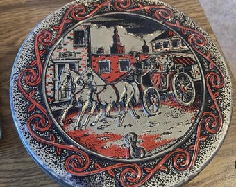 Vintage Atlantic can co. Fruitcake tin Canister, silver with carriage and horses