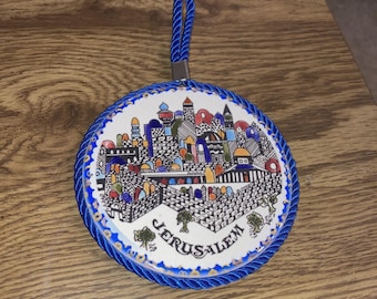 Vintage Jerusalem City Scene Art Tile Trivet round 4-1/2. Ceramic/Cork Backing