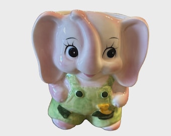 Reubens Vintage Pink Elephant in Green Overalls Ceramic Planter 3314A Japan