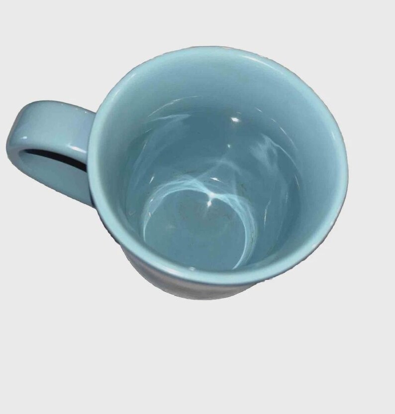May include: A light blue ceramic mug with a curved handle. The mug is empty and viewed from above, showing the interior. The mug's interior and exterior are the same color. The mug is on a white background.
