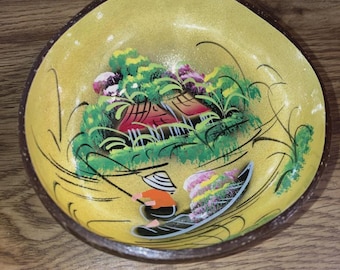 Vintage Coconut Shell Decorative Painted Bowl, Chinese Scene