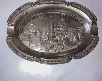 Vintage Paris France Souvenir oval Trinket or Ashtray, Metal, Raised Design