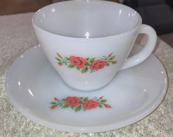 Vintage Fire King Anchor Hocking Milk Glass Tea Cup & Saucer Roses Flowers