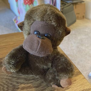 Könnte beinhalten: Ein braunes Plüsch-Gorilla-Spielzeug mit einem dunkelbraunen Gesicht, Ohren und Händen. Das Gorilla hat schwarze Knopfaugen und sitzt auf einer Holzoberfläche. Das Spielzeug besteht aus weichem, flauschigem Material.