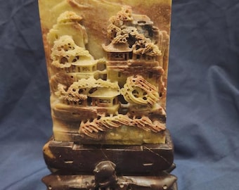 Chinese Carved Vintage Soapstone Scene of Temple Panel Mountains China 8.5"