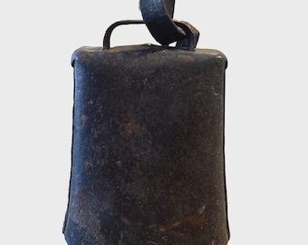 Antique Metal Cowbell With Original Leather Strap 6" folded, Riveted Rustic