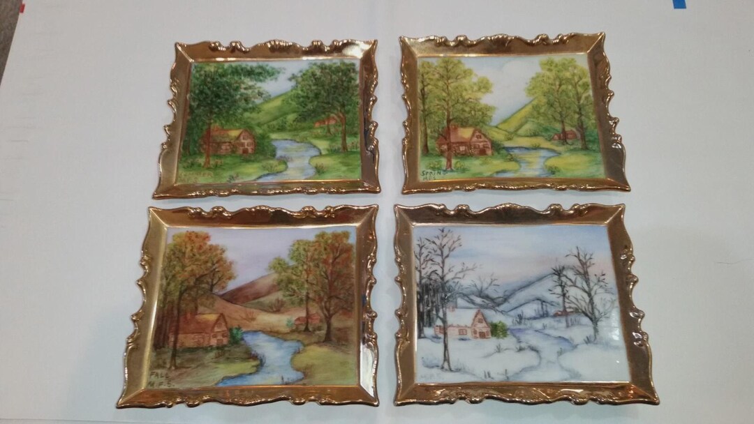 FOUR SEASONS Miniature Wall Art 4 Piece Set on Porcelain, Beautiful ...