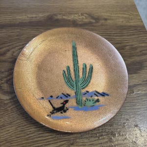 Annemarie Davidson 6&quot; Plate Enamel on Copper , MCM Cactus, Dessert , Roadrunner