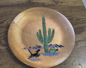 Annemarie Davidson 6" Plate Enamel on Copper , MCM Cactus, Dessert , Roadrunner