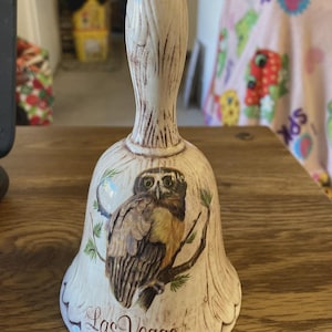 Vintage Pottery Bell , Souvenir of Las Vegas by TIC USA 6-1.4" x 3-1/2" Bird Owl