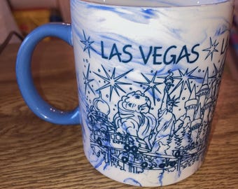Vintage Las Vegas Souvenir Coffee Cup Mug 3-3/4"T swirly white and Blue casino images
