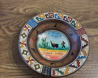 Cusco Peru Hand Painted Ceramic Clay Ashtray Llama & Dude 5"