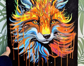 Art work fire fox acrylic painting portrait plus neon glow art