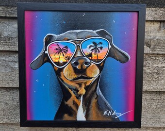 Art work dog in sunglasses acrylic painting pet portraits plus neon glow art