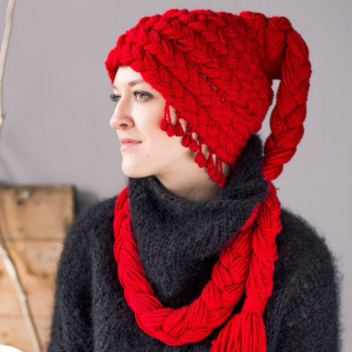 Designer slouhet red beanie, Winter fashion design accessories, Handmade hats wool striped beanie, chy hat shops for her, Knit womens winter hat