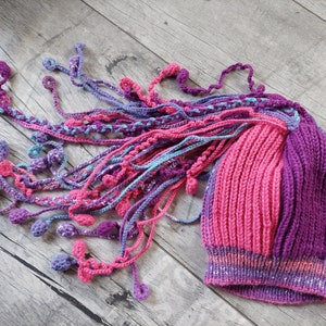 Hat with long bobble strings, knitted funky ski hat, custom merino multi color beanie, crazy festival headwear, jellyfish tentacles hat