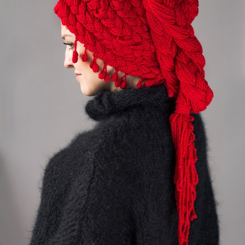 Designer slouhet red beanie, Winter fashion design accessories, Handmade hats wool striped beanie, chy hat shops for her, Knit womens winter hat