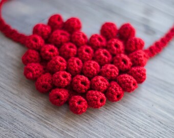 3d crochet heart jewelry, romantic convertible necklace, Valentines day jewelry gift, red chunky bracelet, rustic napkin ring, boho headband