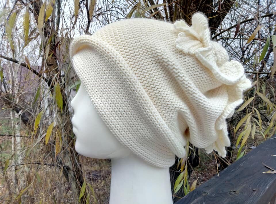 Knit Womens Winter Hat Crochet Flower 