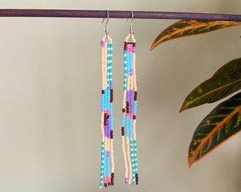 Multi Coloured Seed Beaded Earrings,Long Tassel Earrings,Modern Earrings,Woven Dangle Earrings,Fringe Boho Earrings,Gift for her,sis,friend