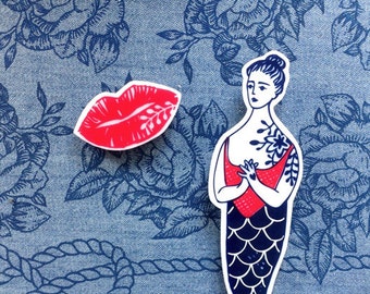 Large Mermaid Brooch,Retro tattoo,Nautical pin brooch,Kiss brooch,Navy,Bridal Party Gift,bridesmaid gift,girls gift,set of 2,for her