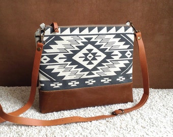 Tribal cross body bag,Bulgarian Print,Aztec bag,Boho,every day bag,leather bottom purse,Navajo,Black and White clutch,Southwest Bag,for her