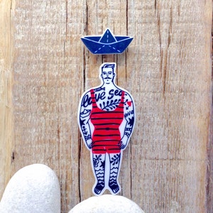 Large Tattoo Sailor brooch,retro swimsuit,boat pin badge,navy jewellery,Nautical brooch,set of 2,mans gift,Groomsmen Gift,Father's Day gift