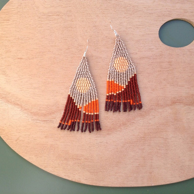 Landscape Seed Beaded Earrings,Long Beaded Earrings,Sunset Dangle Earrings,Long Tassel Earrings,Fringe Earrings,Gift for Her,Christmas gift image 4