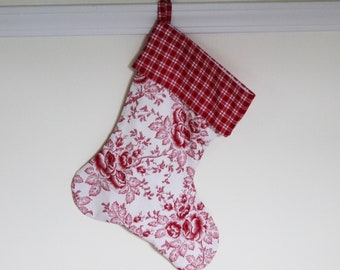 Red toile Christmas Stocking, French Country, Country, cottage style, farmhouse decor, Christmas decor, stockings, floral toile, red plaid
