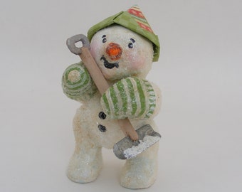 Digging Winter Christmas Snowman, shovel decoration, Snowman figurine, Christmas decoration, glittery figurine, winter decor, country decor