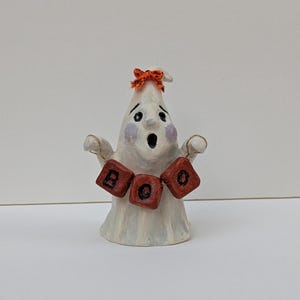 Cute Ghost Figurine, Boo, Halloween decoration, girl ghost, halloween ghost, fall decor, clay figurine, handsculpted ghost, vintage inspired