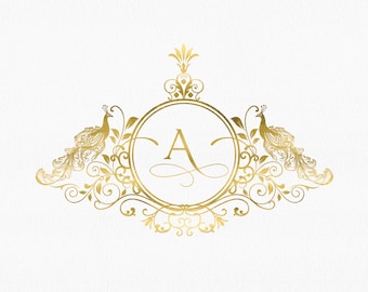 Logotipo de casamento com pavão em SVG, monograma de luxo com brasão (download digital)