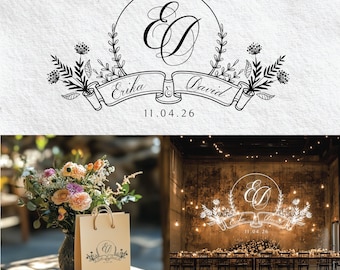 Rustic Floral Wedding Logo, Custom Crest Design (Digital Download)