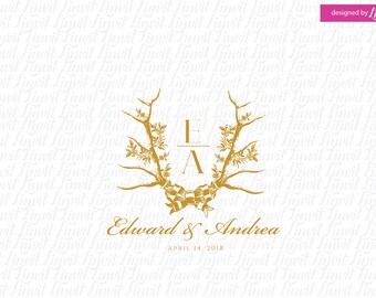 Rustic Wedding Logo Crest, Antlers, Greenery Wreath (SVG, PNG, PDF)
