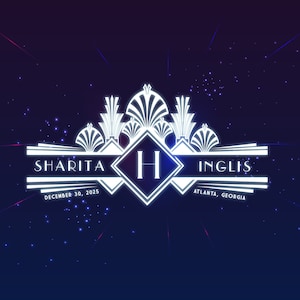 Può includere: Un annuncio di matrimonio con un design art déco bianco su uno sfondo blu scuro con stelle bianche. Il testo recita "Sharita & Inglis, 30 dicembre 2025, Atlanta, Georgia".
